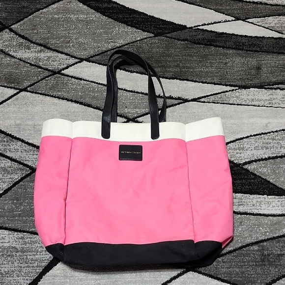 Victoria's Secret Handbags - VICTORIA SECRET 2014 LARGE PINK CANVAS FAUX-LEATHER STRAPS COATED TOTE-BAG